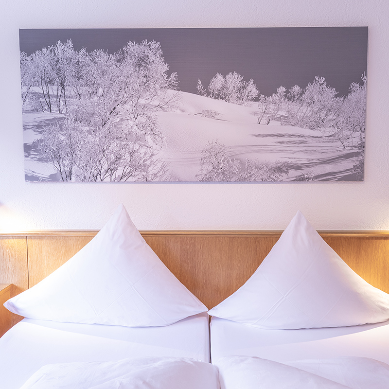 Doppelzimmer im Hotel Garni Bergwelt mit gemütlichem Bett und stilvollem Wandbild in alpinem Design